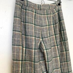 Vintage 1970s Beverly Paige Green Plaid Flair Wide Leg Lined Wool Pants